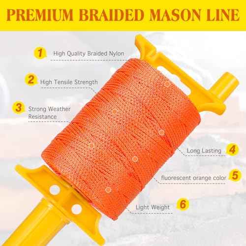 Mason Line with Handle,Twisted 540 FT #18 Braided Nylon Mason String with 5 Built-in Levels and Spool Construction Line,String Level Line Kit for Gardening Or Masonry Tools, Kite Twine String or DIY