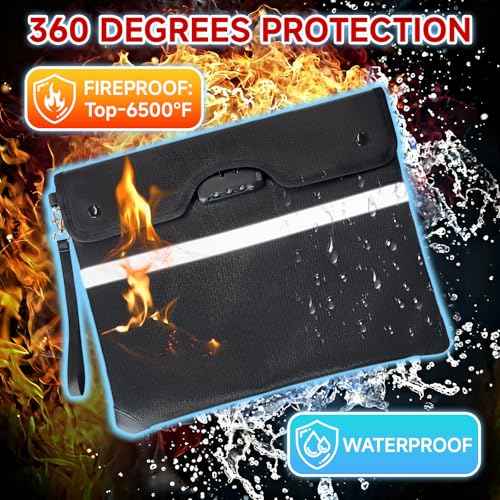 Upgraded 6500¡ÆF Fireproof Document Bag with Lock | Waterproof 9-Layer Heat Insulated Material | Dual-Liner Card Slot Money Bag with Zipper/Reflective Strip for Passport£¬Important Paper£¬Cash(15 x 12In)