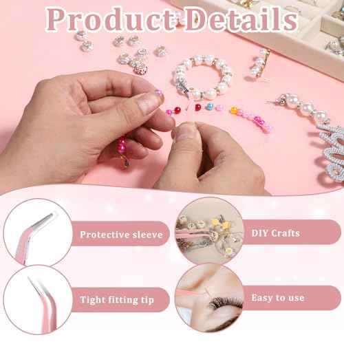 9 Pcs Precision Tweezers, Stainless Steel Craft Tweezers for Crafting, Curved Tweezer Multipurpose Pointed Long Tweezer for Crafting DIY Bead Jewelry Making, Scrapbooking, Crafts, Nail Art (Pink)