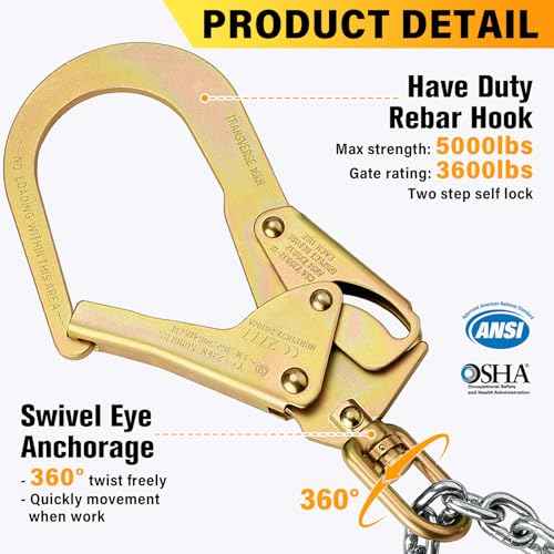 TRSMIMA Rebar Positioning Chain Assembly - Safety Lanyard Fall Protection Sling Chain Rebar with Swivel Double Self-Locking Snap Hooks Construction Positioning