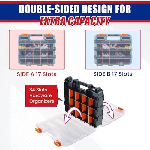 Small Parts Organizer, Hardware Organizer Box, 2 Pack Double Side 34 Compartments Hardware Organizers with Removable Plastic Dividers for Screws Nuts Nails Bolts