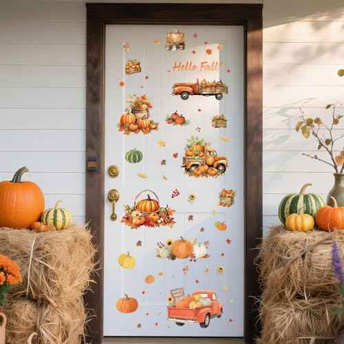 Thanksgiving Fall Wall Decals Removable Autumn Peel and Stick Wall Stickers 6-Sheet Set with Pumpkin Truck, Maple Leaves Design for Home, Office, Bedroom, Living Room Party Decor