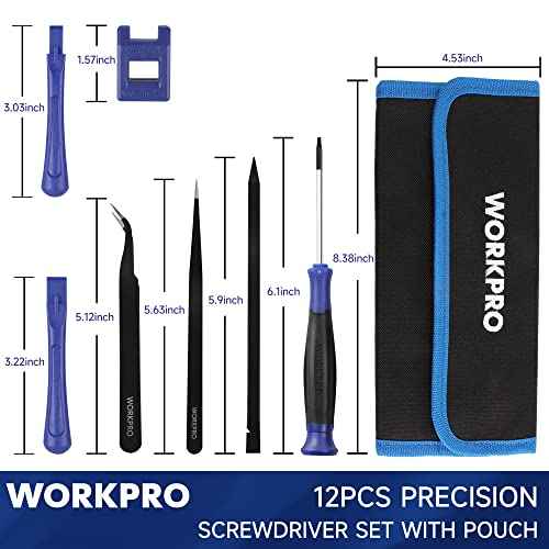 WORKPRO 12 in 1 Torx Screwdriver Set with T3 T4 T5 T6 T8 T10 Security Torx Bit & Tweezers, Precision Magnetic Screwdrivers, Pry Bars, Spudger for Eyeglass, Watch, Computer, Laptop, Phone, with Pouch