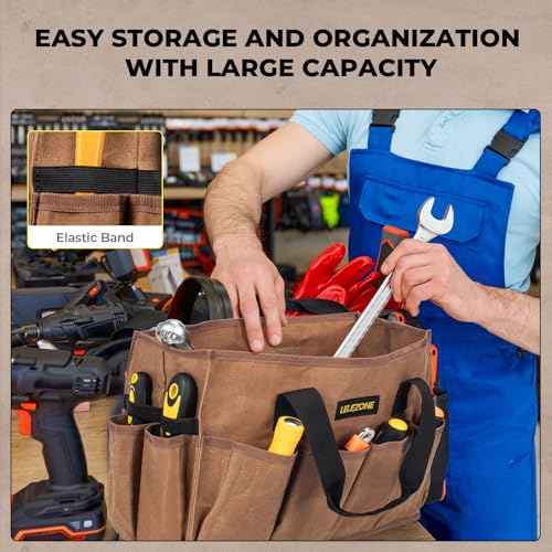 Tool Bag 16 oz. Waxed Canvas Tool Bag Large Capacity Tool Storage Tote comes with a Main Compartment and 12 Exterior Pockets for Wrenches, Scissors, Hammers or a set of Garden Tools and More - Khaki
