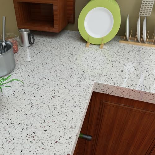 Livelynine Terrazzo Contact Paper White Granite Countertop Wallpaper Waterproof Peel and Stick Countertops for Kitchen Bathroom Counter Top Covers Desk Table Sticker Cabinet Covering 15.8x78.8 Inch
