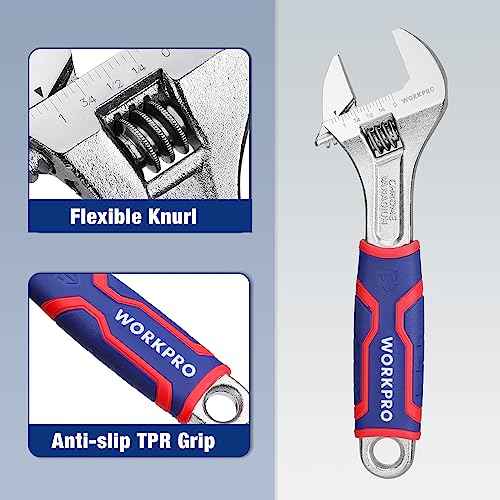 WORKPRO 8-inch Adjustable Wrench, Wide Jaw Opening Wrench with Rubber Anti-slip grip, Metric/SAE Scales, Premium Cr-V Steel, Chrome Plated