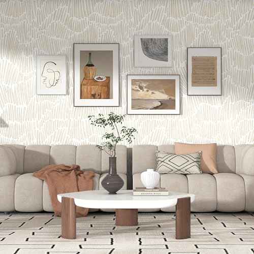 Beige Wallpaper 17.3"¡¿78.8" Modern Striped Peel and Stick Wallpaper Boho Removable Self Adhesive Wall Paper for Bedroom Waterproof White and Gold Contact Paper for Cabinets Vinyl