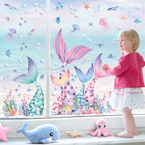 decalmile Mermaid Tail Window Clings Under The Sea Mermaid Bubble Seaweed Window Decals Anti-Collision Glass Window Doors Window Stickers