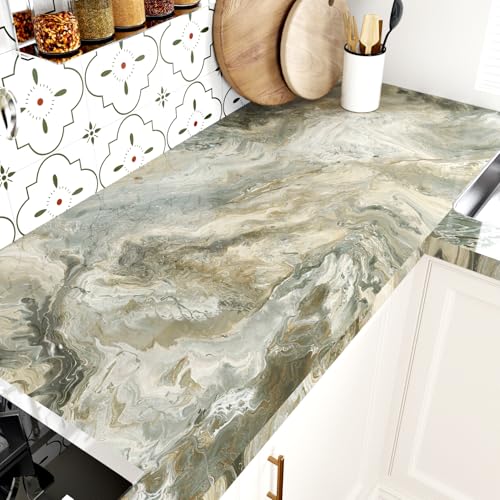 WESTICK Green Gold Marble Countertop Contact Paper Waterproof Peel and Stick Gold Marble Vinyl Wrap Removable Granite Wallpaper for Countertops Kitchen Island Tables Cabinets Camper 15.8" x 80"