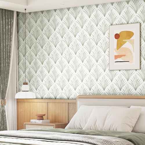 Modern Peel and Stick Wallpaper Geometric 17.3''¡¿78.8'' Leaf Wall Paper Light Green/White Wallpapers Boho Self Adhesive Removable Wallpaper Bedroom Contact Paper for Cabinets and Drawers Decor Vinyl