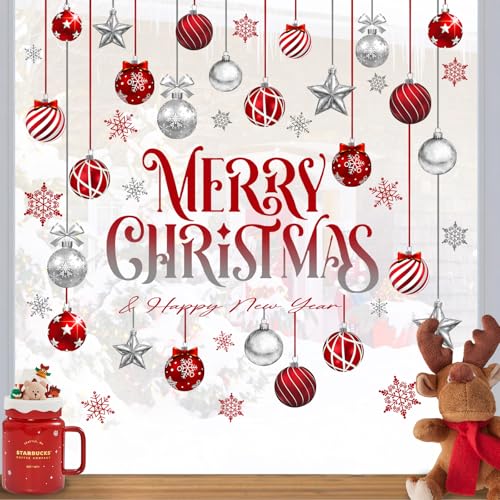 Mfault Merry Christmas Balls Window Clings 4 Sheets, Happy New Year Xmas Snowflake Stars Stickers Decals Decorations, Winter Holiday Home Kitchen Decor