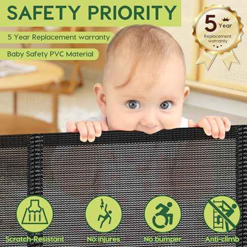 Reinforced 55" Wide Retractable Baby Gates with Reinforced Strips, Indoor/Outdoor Retractable Dog Gate for Doorway Prevent Bottom Drilling Through, No Bottom Bar Safety Mesh Baby Gate for Stair, Black