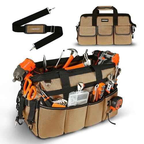 COMOWARE 16" Tool Bag, 19-Pocket Heavy Duty Tool Organizer with Adjustable 51.2" Shoulder Strap, 1680D Oxford Fabric & PVC Coating, Reflective Strips, Tactical Loops, Mechanics, Plumbers, DIY