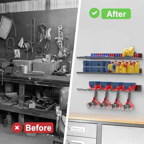 3 Pack Power Tool Organizer Wall Mount, Garage Wall Organizer, Heavy Duty Iron Garage Storage Rack with 4 Drill Holders, Hooks, Screwdriver & Tool Battery Holder for Shed, Basement