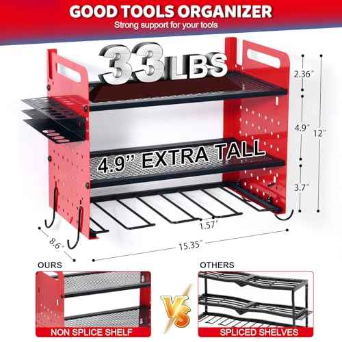 Power Tool Organizer Wall Mount, 3 Layer Shelves Storage with 4 Drill Holders Wall Mount/Drill Bit/Screwdriver Rack, 4 Hooks for Garage, Workshop, Tool Room
