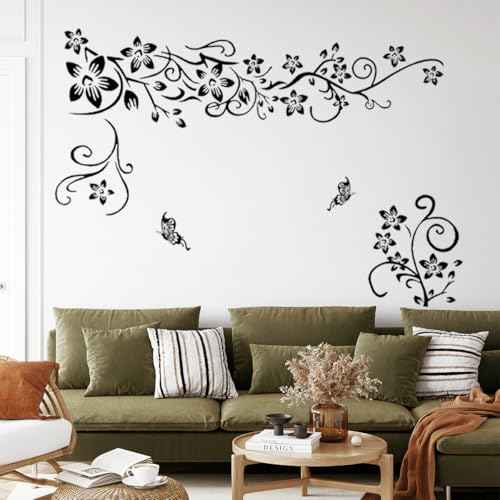 Joyartu Flowers Vine Decals Black Flowers Butterfly Wall Stickers, Diagonal Floral Decals for Living Room TV Background, DIY Home Decor