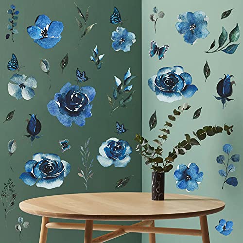 4 Sheets Watercolor Blue Roses Wall Decals Art Flowers Wall Stickers Removable Hay Leaf Flower Bud DIY Vinyl Peel and Stick Mural for Girls Bedroom Living Room Sofa Backdrop TV Wall Home