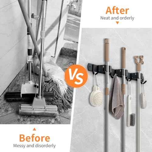 2 Pack Broom Hanger and Mop Holder, Heavy Duty Garden Tool Organizer Rack Rake and Shovel Handle, Stainless Steel Wall Mounted Utility Rack with Screws (5 Racks with 4 Hooks, Matte Black).