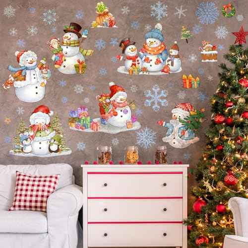 ReliThick 64 Pcs Christmas Snowman Wall Sticker Clings Removable Christmas Wall Art Silver Blue and White Winter Window Clings Wall Decor for Christmas Winter Home Bedroom Decorations