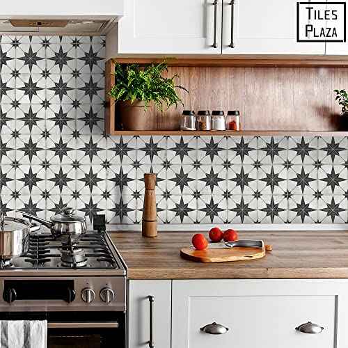 The Tiles Plaza Peel and Stick Encaustic Backsplash, Black Star Patterned Stick on Tile, Self-Adhesive Wall Tile Sticker for Kitchen Bathroom Fireplace Stairs, 10 Sheets