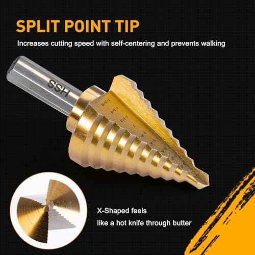 Step Drill Bit Set, 6 Pcs Titanium High Speed Steel Step Drill Bits with Extra Automotive Center Punch for Metal, Wood & Plastic, with Aluminum Case, 50 Sizes