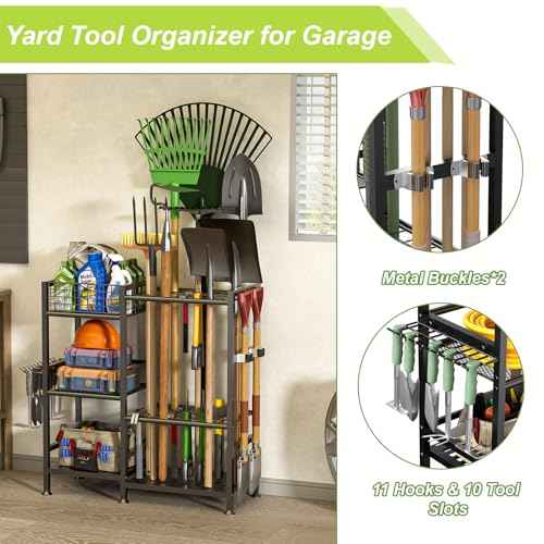 keomaisyto Garden Tool Organizer With Basket - 3 Tier Yard Storage Rack for Garage Organization, Heavy Duty Holder With 35 Long-Handled Slots for Shed, Yard, Garage