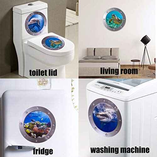 OTDCGI 11 Inch Round 3D Porthole Window Adhesive Stickers - Ocean Theme (Sea Turtle, Shark, Dolphin) - Waterproof Vinual Decals for Kids Room, Bathroom, Glass Decor - Set of 4