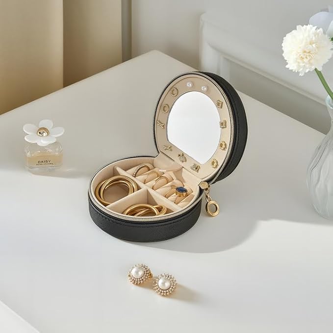 ProCase Travel Size Jewelry Box, Mini Portable Seashell-Shaped Jewelry Case with Mirror, 2 Layer Organizer in PU Leather for Women -Black