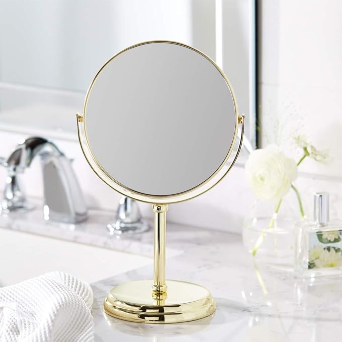 Amazon Basics Tabletop Magnifying Vanity Round Mirror with Clear Reflection, 1X/5X Magnification, Iron Frame, 7.2" x 4.92", Gold