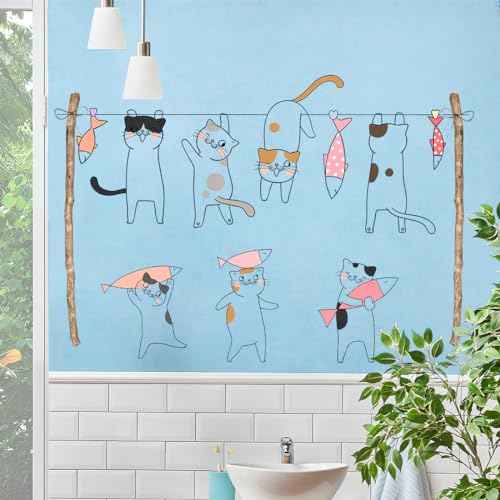 Removable Cartoon Animal Cats Wall Stickers Laundry Room Cats Clothes Hanger Fish Wall Decals Stickers for Girls Bedroom Decal Kids Nursery Sticker Bathroom Wall Art Decoration