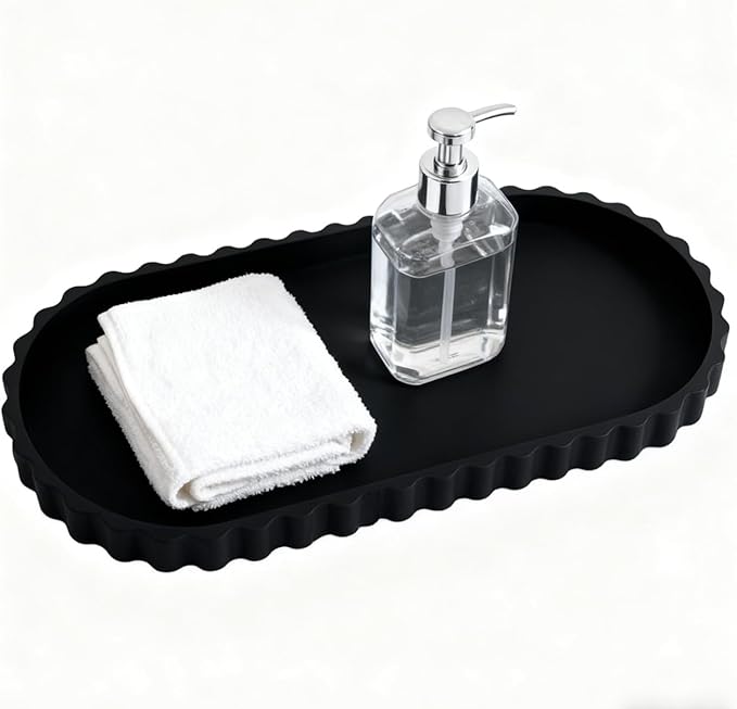 Silicone Bathroom Oval Tray,Decorative Vanity Trays,12in x 5in Sponge Holders,Kitchen Countertop/Sink Organizers, Perfumes,Plants, Lotion Bottles,Soap,Jewelry & Key Trinkets (Black)