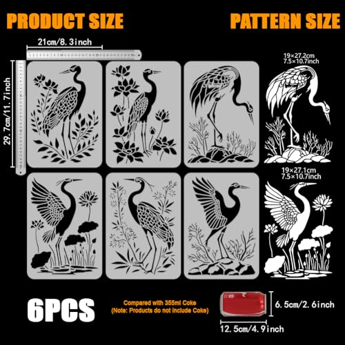 FINGERINSPIRE 6 PCS Cranes Painting Stencil with 1Pc Plastic Paint Brush, 8.3x11.7inch Lotus Flowers Leaves Stones Pattern Stencil for DIY Home Decor
