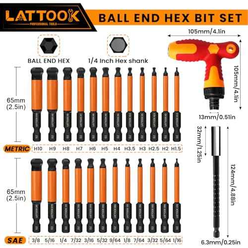 Ball End Hex Head Allen Wrench Drill Bit Set with T Handle Ratchet Driver, 24PCS Metric & SAE Ball End Hex Bit Set Allen Key Bit Set Hex Key Drill Bit Set with T Handle, S2 Steel, 2.5'' Long