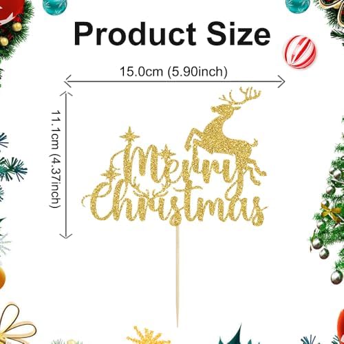 Christmas Cake Topper Handmade Reindeer Cake Decorations Gold Glitter Merry Christmas Cake Toppers for Winter Holiday Xmas Eve Theme Party Supplies DIY Dessert Decoration 8 Packs