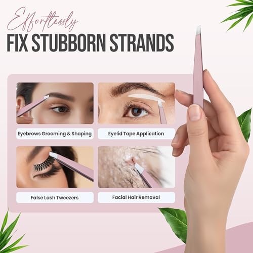 Professional Slant Tip Tweezers - Precision Stainless Steel Eyebrow Plucking Tool for Women and Men, Ingrown Hair Remover, Facial Hair Tweezers for Grooming (Rose Quartz)