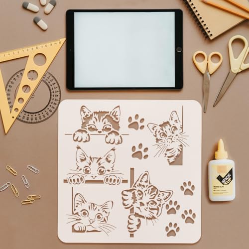 FINGERINSPIRE Peeping Cat Painting Stencil 11.8x11.8 inch Cat Border Template Hollowed Cute Cats Stencil Large Cat Paw Prints Template Cat Footprint Stencil Animal Theme Template for DIY Crafts