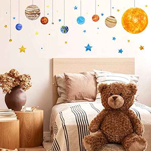 Planets and Space Wall Decals, Removable Solar System Wall Stickers, Cartoon Stars Wall D?cor, Peel and Stick Universe DIY Art Murals Vinyl Wallpaper for Kids Boys Bedroom Nursery Decoration