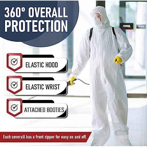 Hazmat Suits Disposable | 5 Pack, Large | Protective Coveralls with Attached Hood and Boots | Heavy Duty Full Body Painters Suit for Adults - Breathable & Water Resistant | Large