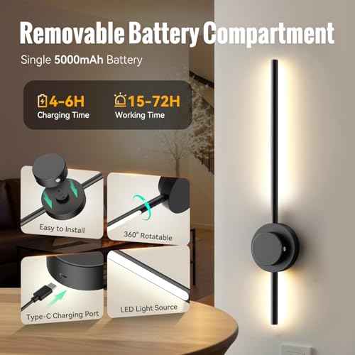 Rechargeable Wall Sconces, 27.5 Inch Set of 2 | Wireless with Remote | 360¡Æ Adjustable Heads & 3 Color Temperatures | with Timer | Easy No-Wire Installation for Bedroom, Hallway, Staircase