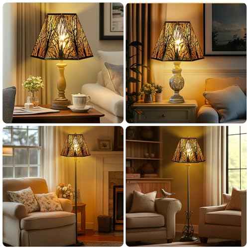 Etched Metal Lampshade, Hexagonal Lamp Shade with Antique Bronze Exterior&Gold-plated Interior, 7" Top x 13.8" Bottom x 9.5" Height, Spider Fitter