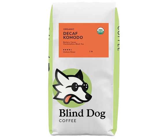 Blind Dog Coffee - 2 lb Whole Bean Decaf Coffee - Medium Roast - Low Acid - Cocoa, Marshmallow, Black Tea Notes
