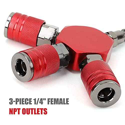 3-Way Air Manifold 4 Ports Aluminum Industrial Flat Hex Quick Connect Air Hose Splitter with 3 Steel Couplers and 1/4" Male NPT Plug