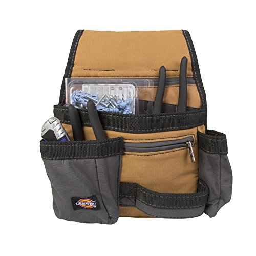 Dickies 11-Pocket Tool/Utility Storage Pouch for Tool Belt, Durable Canvas, Puncture-Resistant Backing, Screwdriver Pockets, Zippered Security Pocket, Hammer Loop, 2-inch Tunnel Loop, Grey/Tan