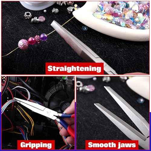 7 Inch Long Flat Nose Pliers Smooth Jaw Extended Head Duckbill Pliers Clamping Bending Precision Jewelry Making Hand Tools Beading Hobby Work Craft Supplies Dip Plastic Handle