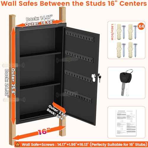 25.6" Tall Wall Safes Between the Studs with 2 Removable Shelf, Lockable Hidden Safe Box with 40 Hooks for Keys Jewellery, In Wall Safe for Money Medicines Valuables