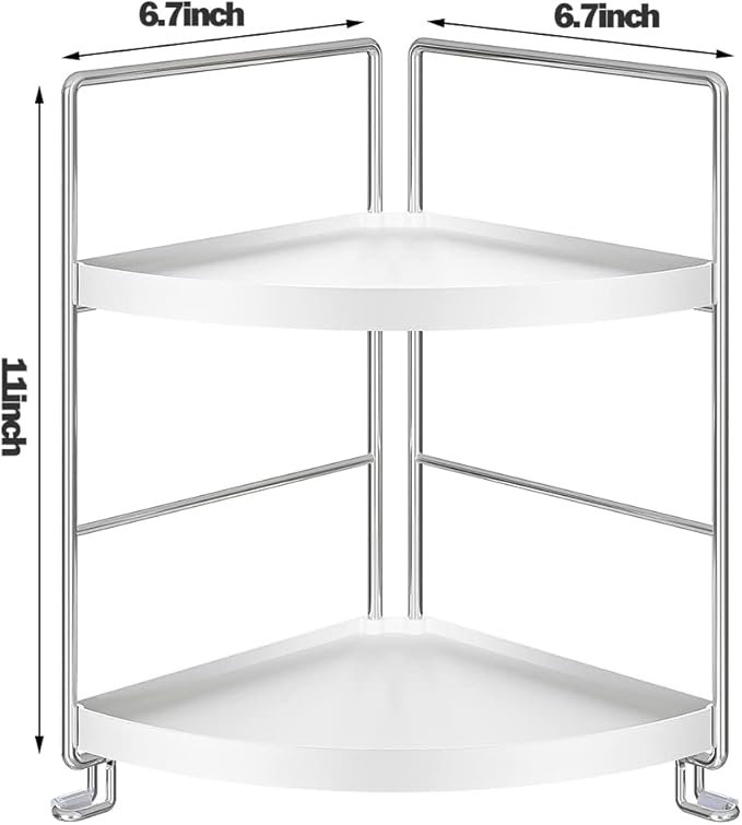 2-Tier Bathroom Corner Counter Organizer, Makeup Storage Shelf Vanity Tray, Bathroom Sink Countertop Organizer, Silver