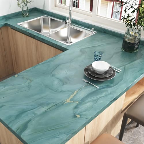 Wallercity Teal Marble Contact Paper Peel and Stick Countertops Waterproof Wallpaper for Bathroom Kitchen Marble Blue Wallpaper for Counter Top Dresser Cabinets Table Vinyl Wall Paper 15.8''x78.7''
