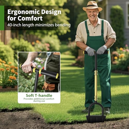 Lawn Edger Tool, Half Moon Tooth Edger with T-Grip Handle, 40-Inch Long Handled Sidewalk Grass Edger for Precise Lawn Edging and Land scaping
