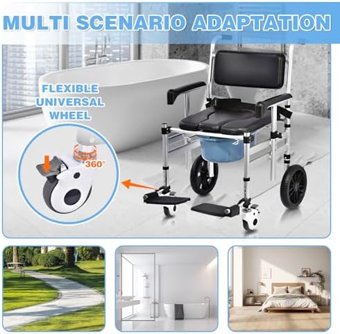 Shower Chair with Wheels 4 in 1 Folding Padded Bedside Commode Wheelchair Height Adjustable Detachable Bucket with Wheels Lifting Armrests Flip-up Footrest for Elderly Disabled (Black Tape and Sheet)