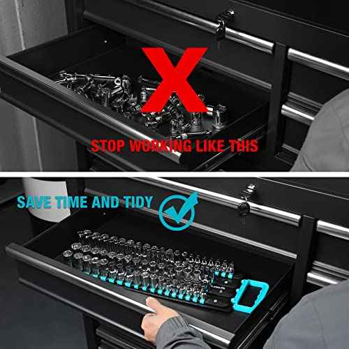 DURATECH Socket Organizer, 80-Piece Portable Socket Holder with Handle, ABS Sockets Tray Wall and Tool Cart Mounted, 1/4", 3/8", 1/2" Drive, Blue(Socket not Included)